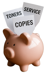 Pink piggy bank with three papers sticking out labeled 'TONERS', 'SERVICE', and 'COPIES', symbolizing cost savings.
