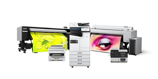 a full line up of Epson printing devices including 2 wide format printers, a small printer, a multifunction device, and a label printer