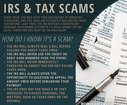 Graphic titled "IRS & Tax Scams" with a photo of tax forms, a pen, and a calculator in the background. The image warns about scammers impersonating the IRS and outlines how to recognize a scam. Key points include: the IRS will always mail a bill before calling, never ask for credit or debit card numbers, not immediately threaten arrest, offer a chance to question or appeal amounts owed, and never use email or text messages to discuss taxes. The bottom corner reads “Security Hints & Tips.”