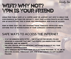Graphic titled "WiFi? Why Not? VPN Is Your Friend" under the "Security Tips" label. The background shows a blurred coffee shop with a person typing on a laptop. The image warns against using free public WiFi without protection, as it lacks encryption and can expose data to nearby users. Tips for safer internet access include: using websites with HTTPS, using a VPN (Virtual Private Network), and connecting through a cellular provider’s data network (3G, 4G, or 5G). It emphasizes that cellular connections are not subject to typical WiFi security risks.