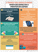An educational flyer titled '5 Things You Should Know When Deciding on a Printer or Copier', creatively designed with a colorful and organized layout. The flyer features a circular, numbered guide from 1 to 5, with each point detailed in its own vibrant segment. 
