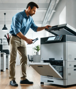 Professional technician, a middle-aged Caucasian man with a beard, wearing a blue work shirt and khaki pants, is actively working on a modern office copier. He stands holding a wrench, adjusting the internal components of the copier, which is open for maintenance. The office environment is clean and modern, with minimal decor and natural lighting.