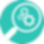 White icon of a magnifying glass focusing on gears, set against a teal circle background, symbolizing detailed technical inspection or analysis