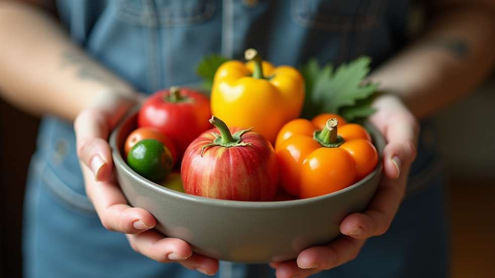 Close-up view of a person holding a bowl of colorful fruits and vegetables
