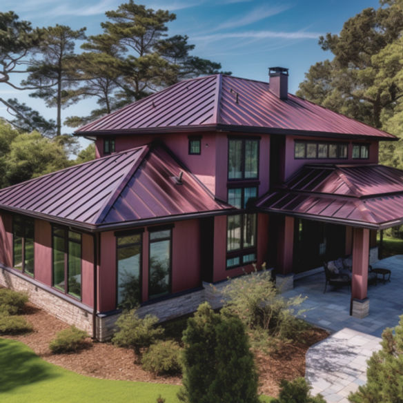 home with burgundy metal roof planks installation by Assist Roofing Washington NC