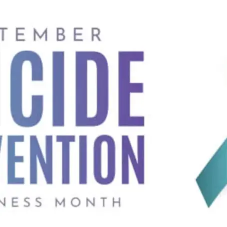 September Suicide Prevention Month graphic with a purple and teal awareness ribbon, promoting mental health awareness, hope, and support.