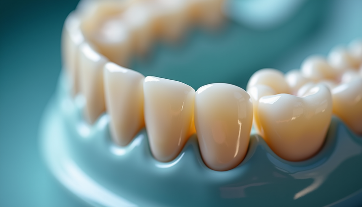 Close-up view of a dental crown fitted on a molar tooth