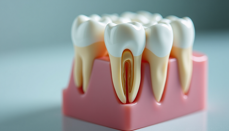 Close-up view of a dental model showing a tooth's root canal structure