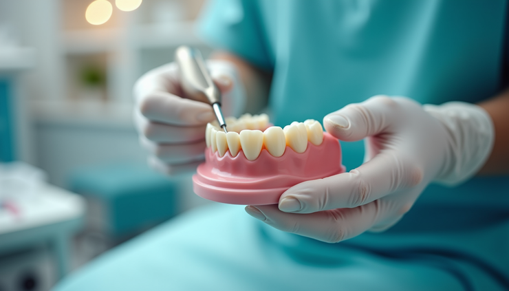 Eye-level view of a dental crown being fitted on a tooth model