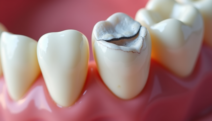 Close-up view of a dental crown fitted on a molar tooth