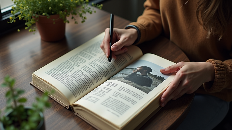 High angle view of a person reading an art magazine at a desk