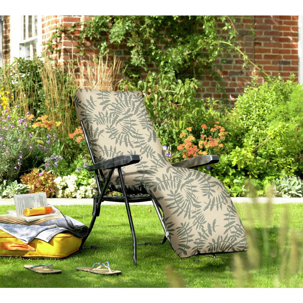 green folding recliner garden chair with cushion