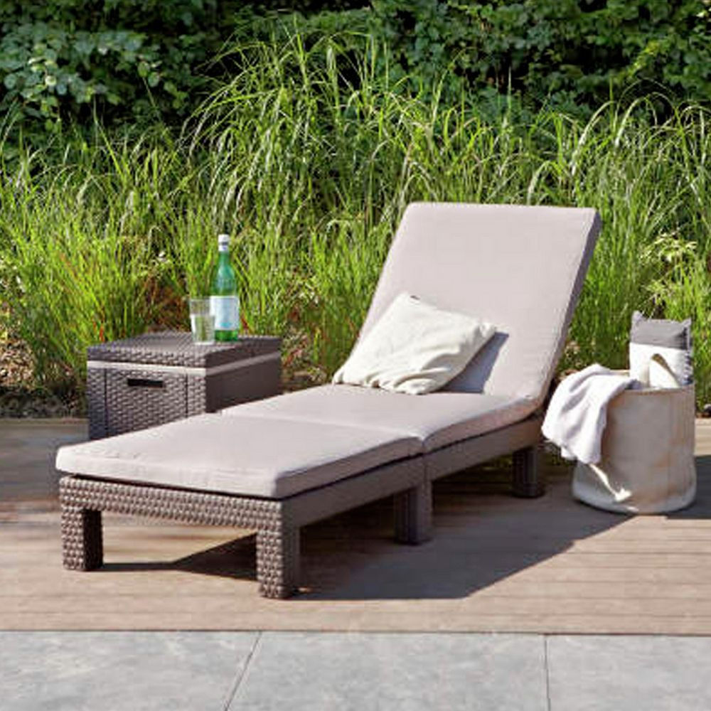 brown rattan effect garden sun lounger with cushion