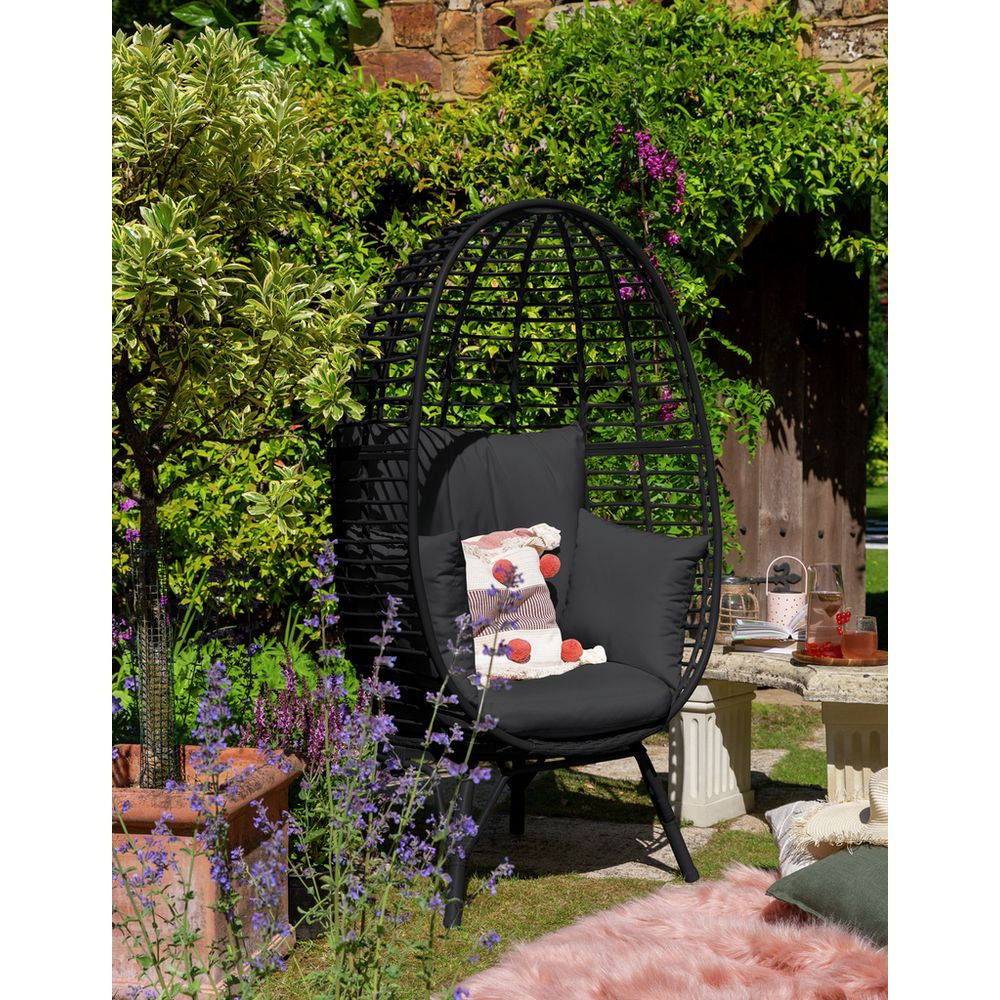 black rattan effect cocoon garden egg chair with cushions