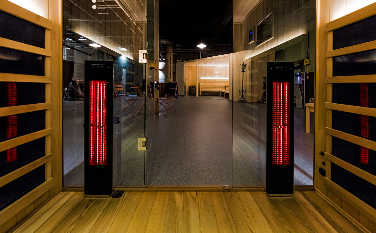 Glass view  to sauna and contrast therapy suite in Hackney London