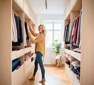 beautiful blond woman organising clothes in beautifully organised wardrobes in a very larg