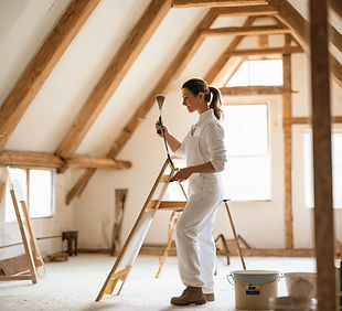 beautiful female house painter in painter's whites painting a lounge in a beautiful barn .