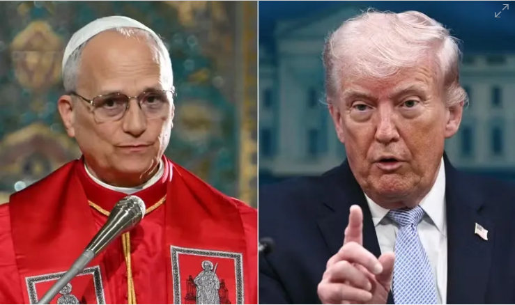 Papa Leão XIV, à esquerda, e o presidente dos EUA, Donald Trump, à direita — Foto: ALBERTO PIZZOLI e Brendan SMIALOWSKI / AFP