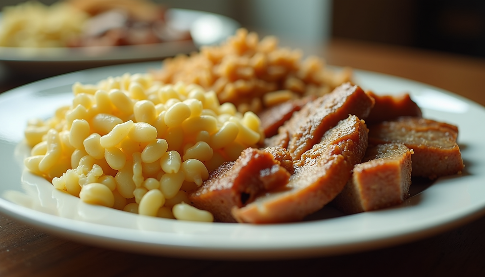 Plate of creamy macaroni, sliced meatloaf, and baked beans on a wooden table. Warm lighting highlights the food's textures and colors.