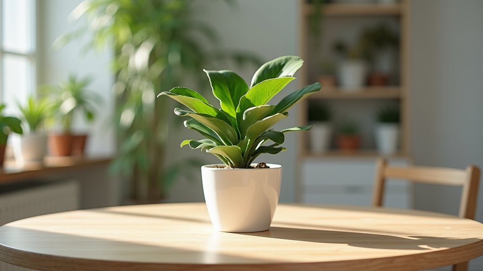 Vue rapprochée d’une plante verte en pot sur une table en bois clair