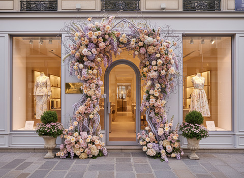 Luxury boutique entrance framed with a large pastel floral arch of blush, peach and lilac flowers surrounding the doorway display windows.