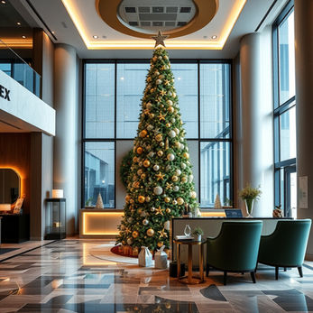 Using traditional Christmas decorations to dress this oversized Christmas tree for a corporate reception
