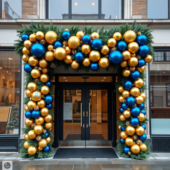 oversized gold and blue Christmas baubles for a retail store
