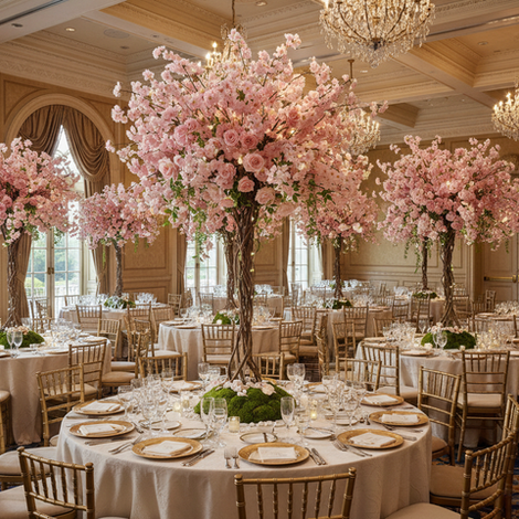 Large-scale artificial blossom tree floral installations in a luxury event venue dining room, designed for high-end hospitality and commercial events in London and Surrey.