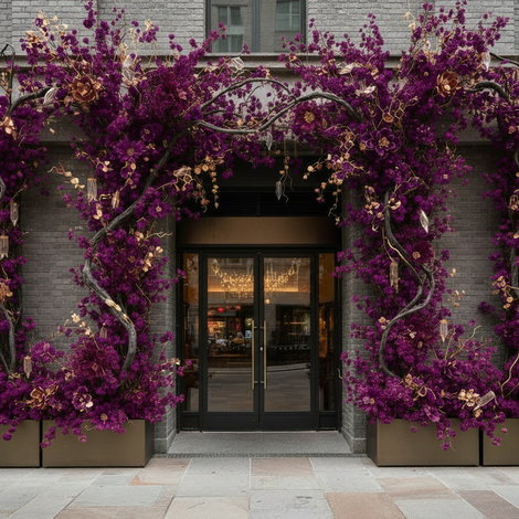 Large-scale bespoke purple floral entrance installation for a luxury commercial venue in Surrey and London, featuring sculptural branches and statement seasonal flowers framing a hospitality façade.