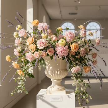 Luxury pastel floral installation in a classical ivory urn featuring blush roses, peach ranunculus and lavender stems, styled in a light-filled commercial interior in London and Surrey.