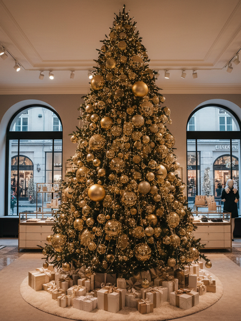 Large gold Christmas tree with oversized baubles and wrapped gifts displayed in a luxury boutique store interior.