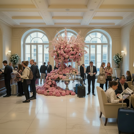 Luxury hotel lobby floral installation with large pink blossom arrangement creating a statement reception display for hospitality venues in Surrey and London.