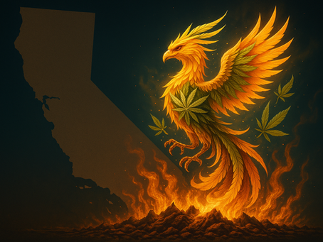 An illustrated phoenix made of cannabis leaves rises from fiery ashes in front of a silhouette of California, symbolizing the state's cannabis industry rebounding from crisis.