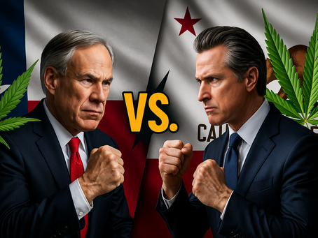 Texas and California governors facing off with clenched fists in front of state flags and cannabis leaves, symbolizing a political showdown over cannabis and hemp policy