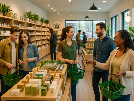 A bright, modern cannabis store interior with open shelves stocked with products. Diverse customers browse freely with baskets while friendly budtenders assist on the floor, creating a welcoming, boutique-style shopping experience.