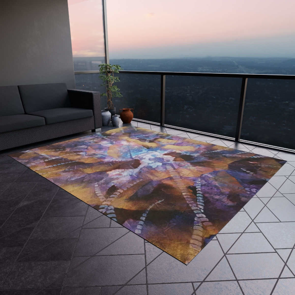 Outdoor Rug with Artist's Print (0527) Brown Blue Beige