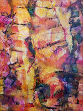 heavily textured abstract in blue pink yellow