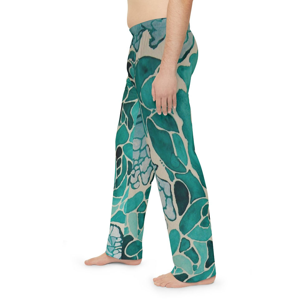 Thumbnail: Artist's Print on Men's Pajama Pants (AOP) (0523) Aqua and White Print
