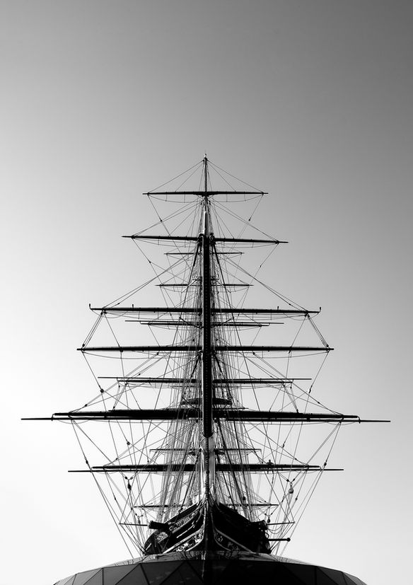 black and white photograph of the masts of the Cutty Sark ship