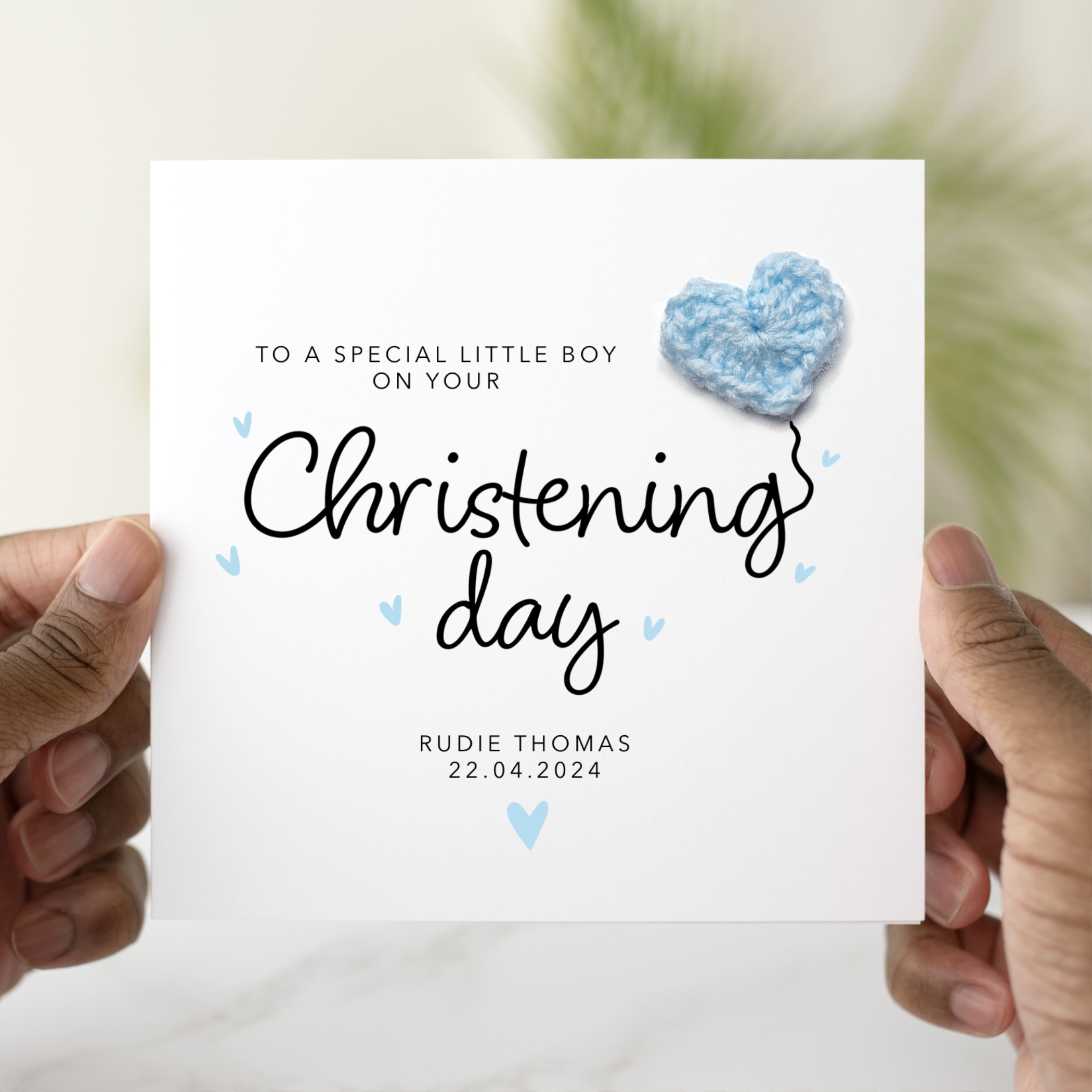 Personalised Son Christening Card - Crochet Heart