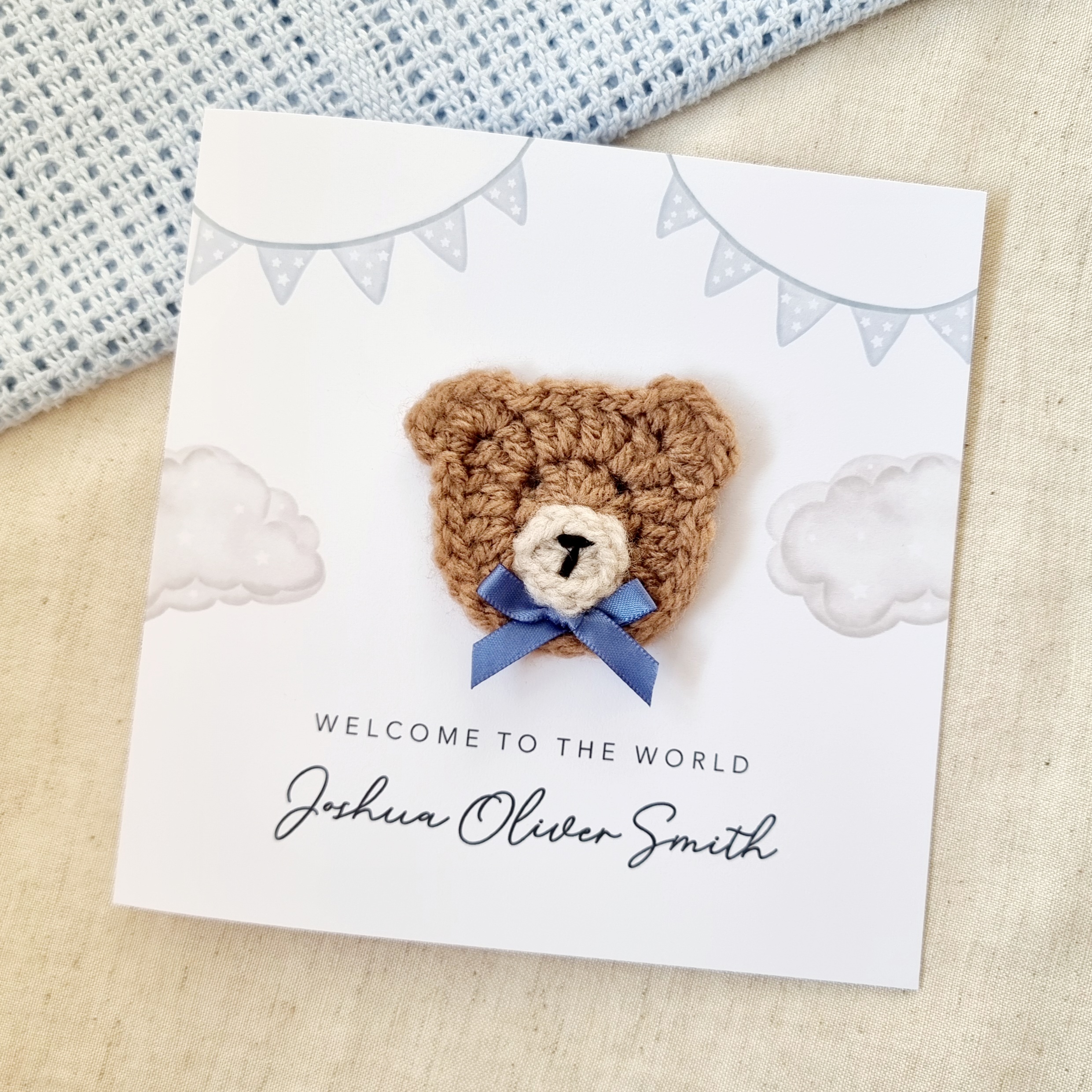 Personalised New Baby Card - Blue Flag - Crochet Bear