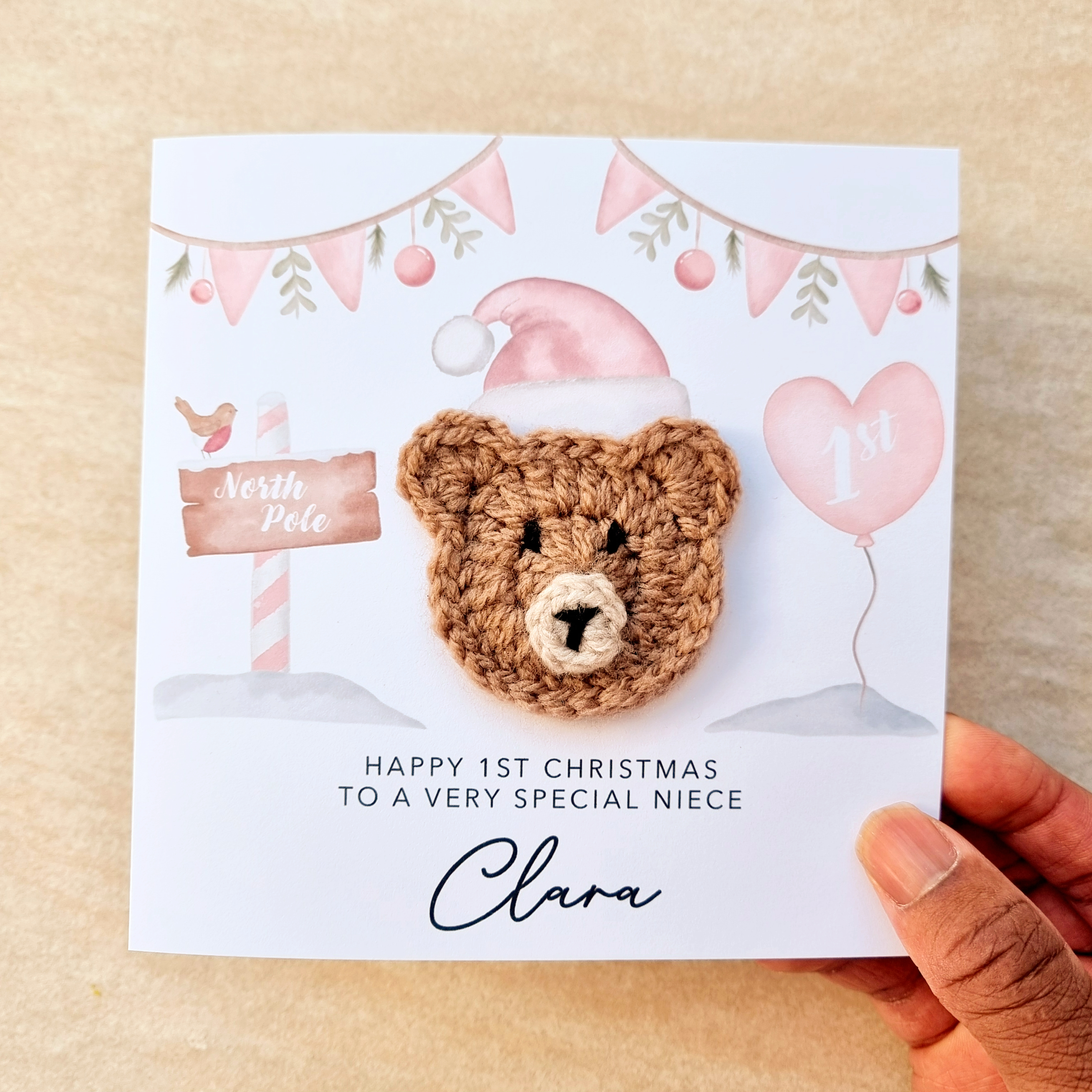 Personalised Niece 1st Christmas Card - Crochet Bear