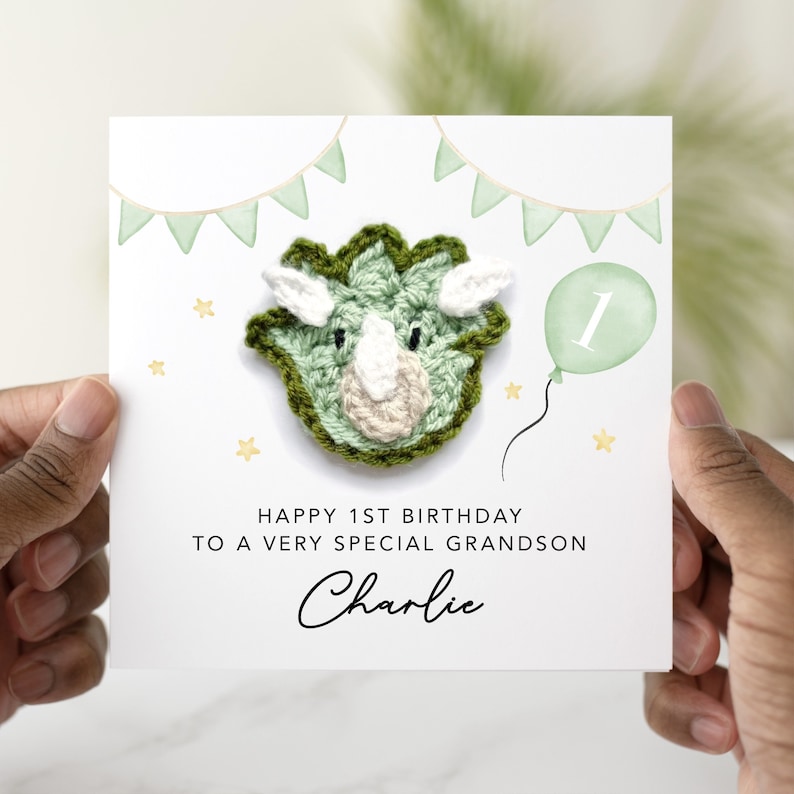Personalised 1st Grandson Birthday Card - Crochet Dinosaur