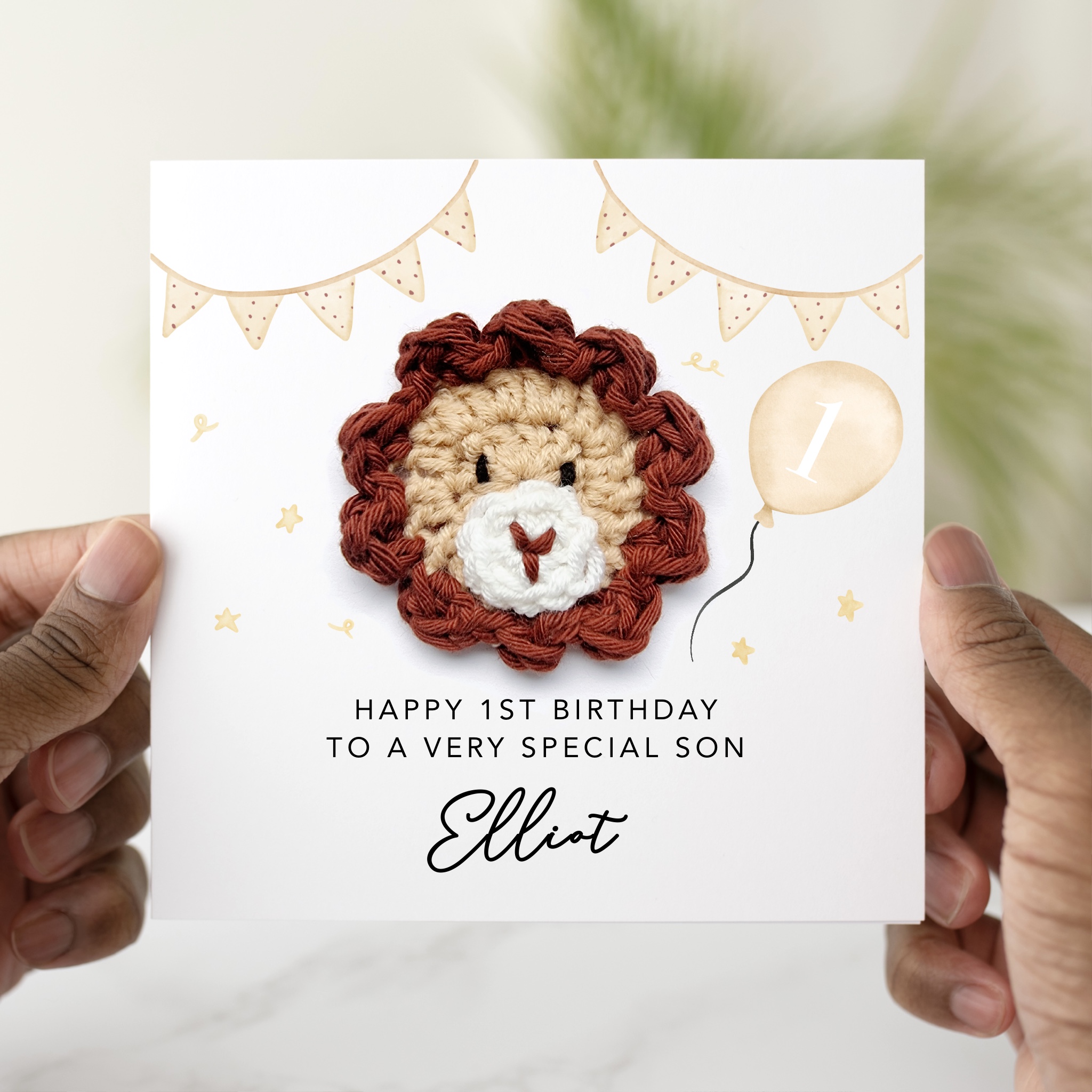 Personalised 1st Son Birthday Card - Crochet Lion