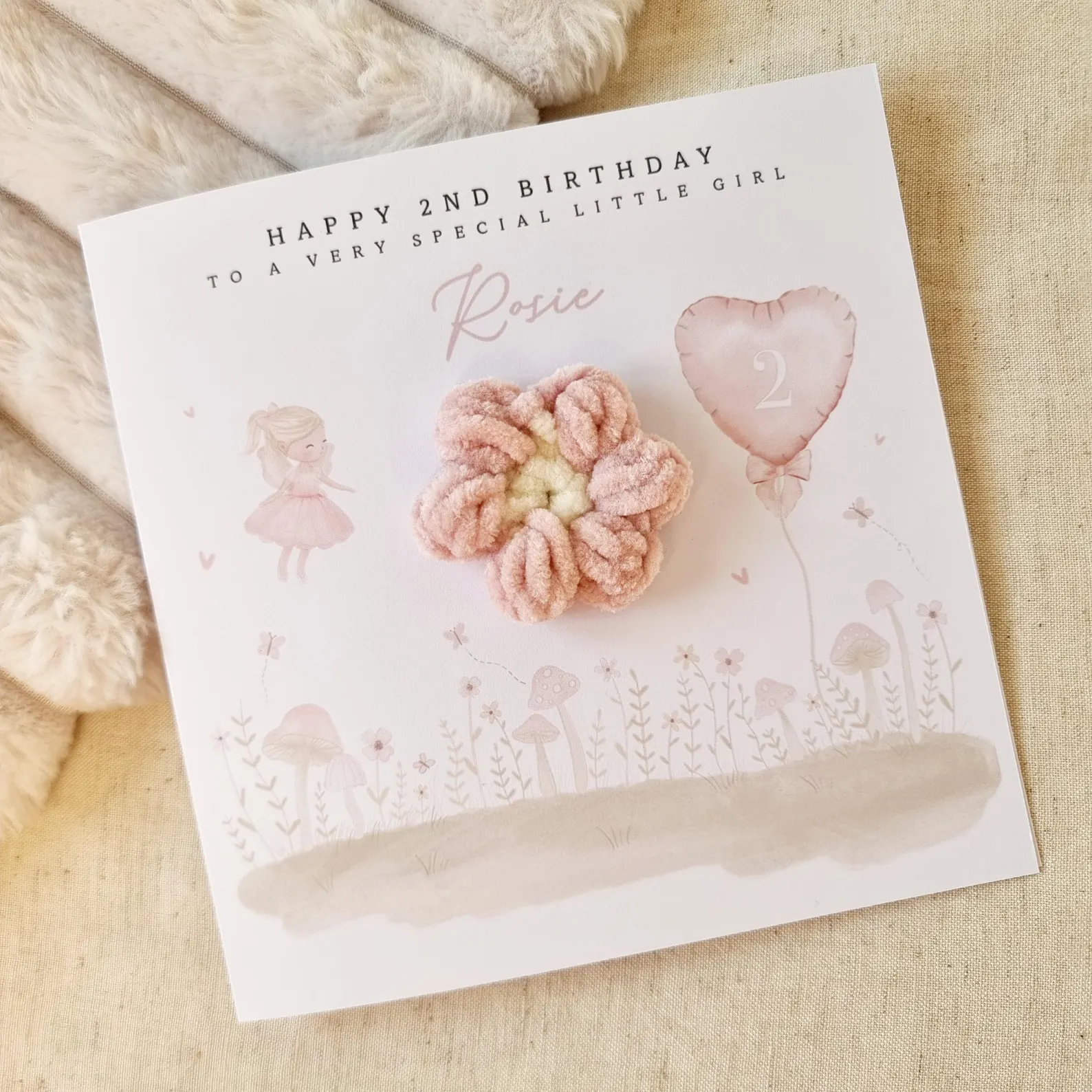 Personalised 2nd Birthday Card - Cute Crochet Puff Flower