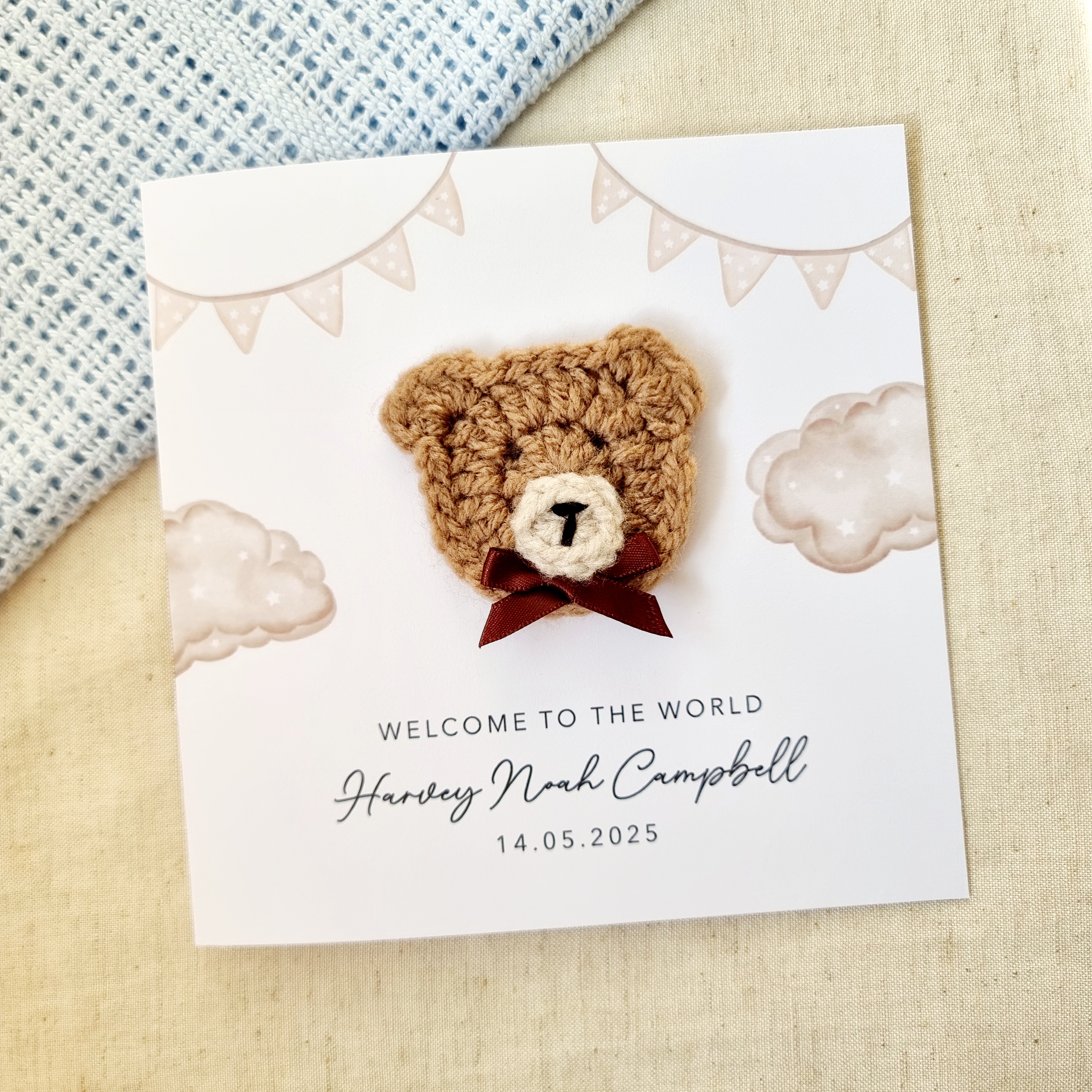 Personalised New Baby Card - Neutral Flag - Crochet Bear