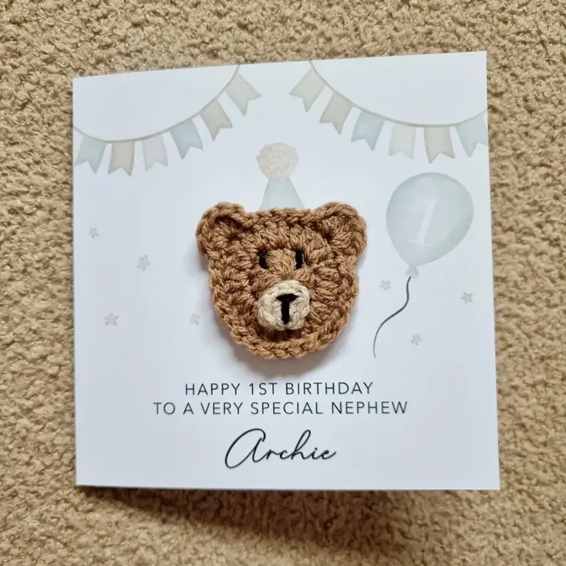 Thumbnail: Personalised Nephew 1st Birthday Card - Crochet Bear