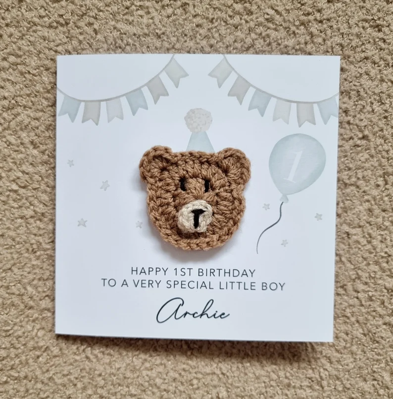 Personalised 1st Birthday Card - Little Boy - Crochet Bear