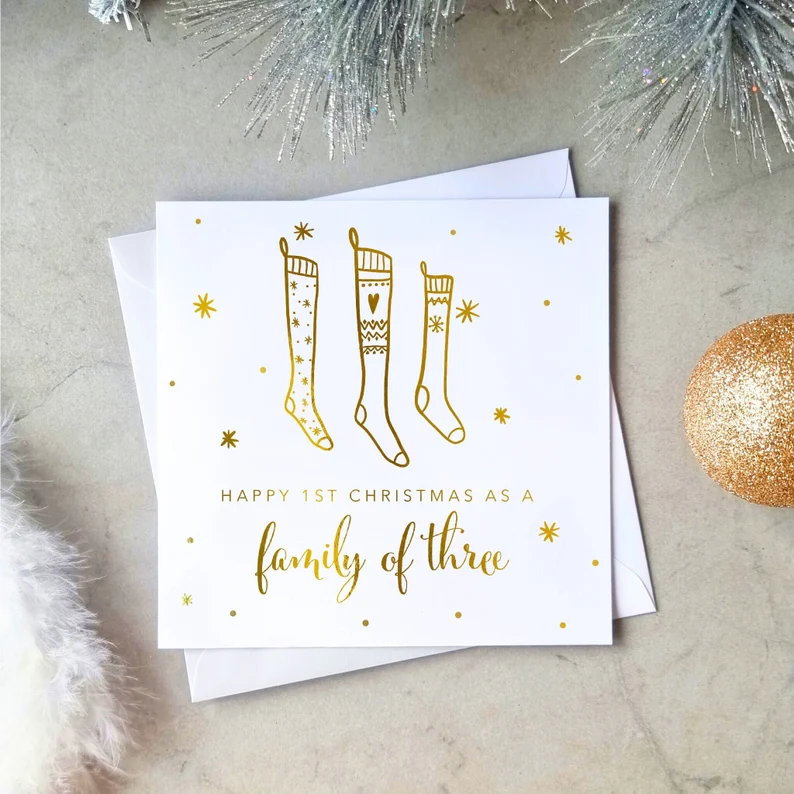 1st Christmas Card As Family Of Three - Gold Foil
