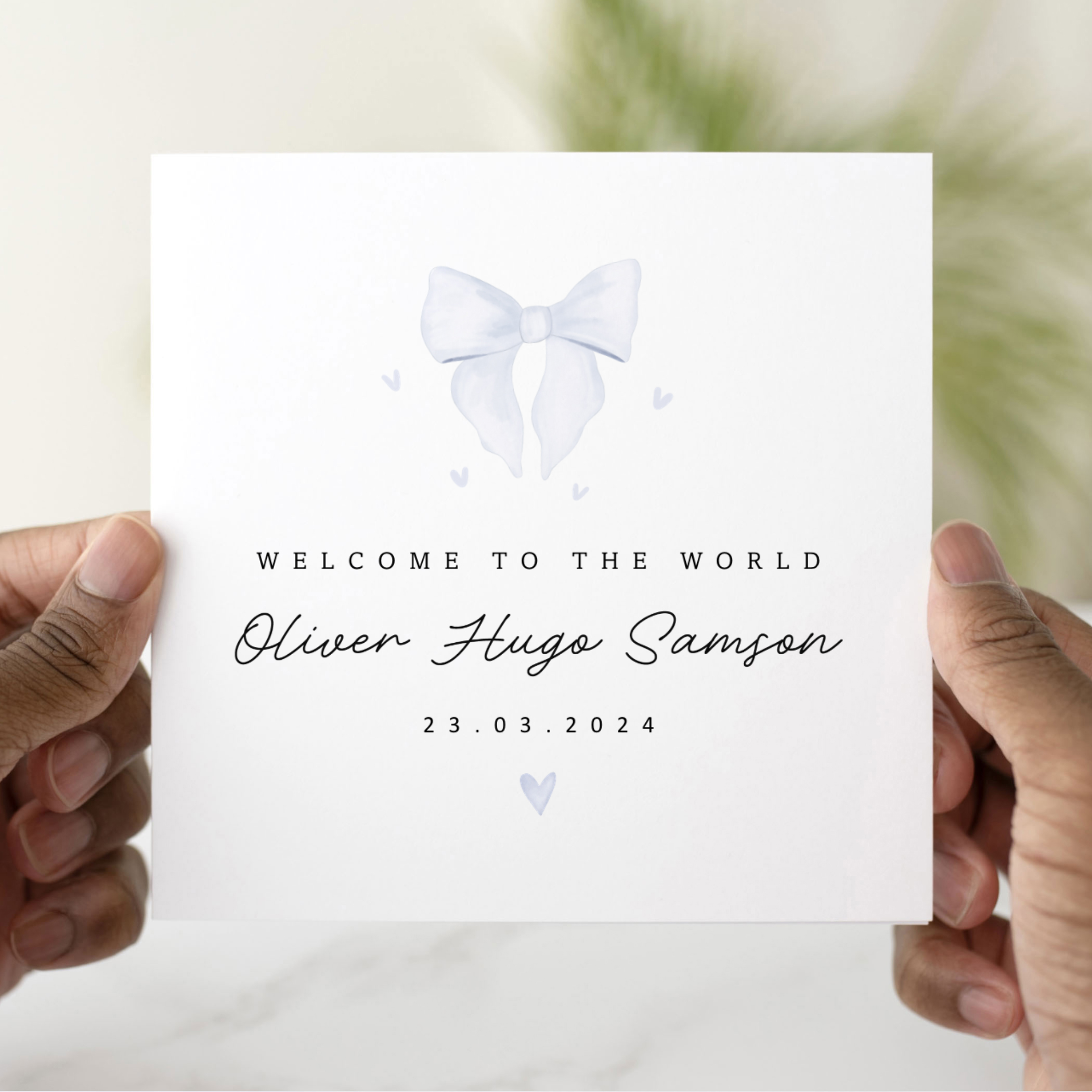Personalised New Baby Card - Blue Bow
